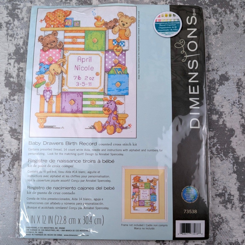 Dimensions‎ Baby Drawers Birth Record Counted Cross Stitch Kit 73538 9x12 New